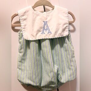 Cecil And Lou Boys Smocked Striped Green and Blue Kids Romper